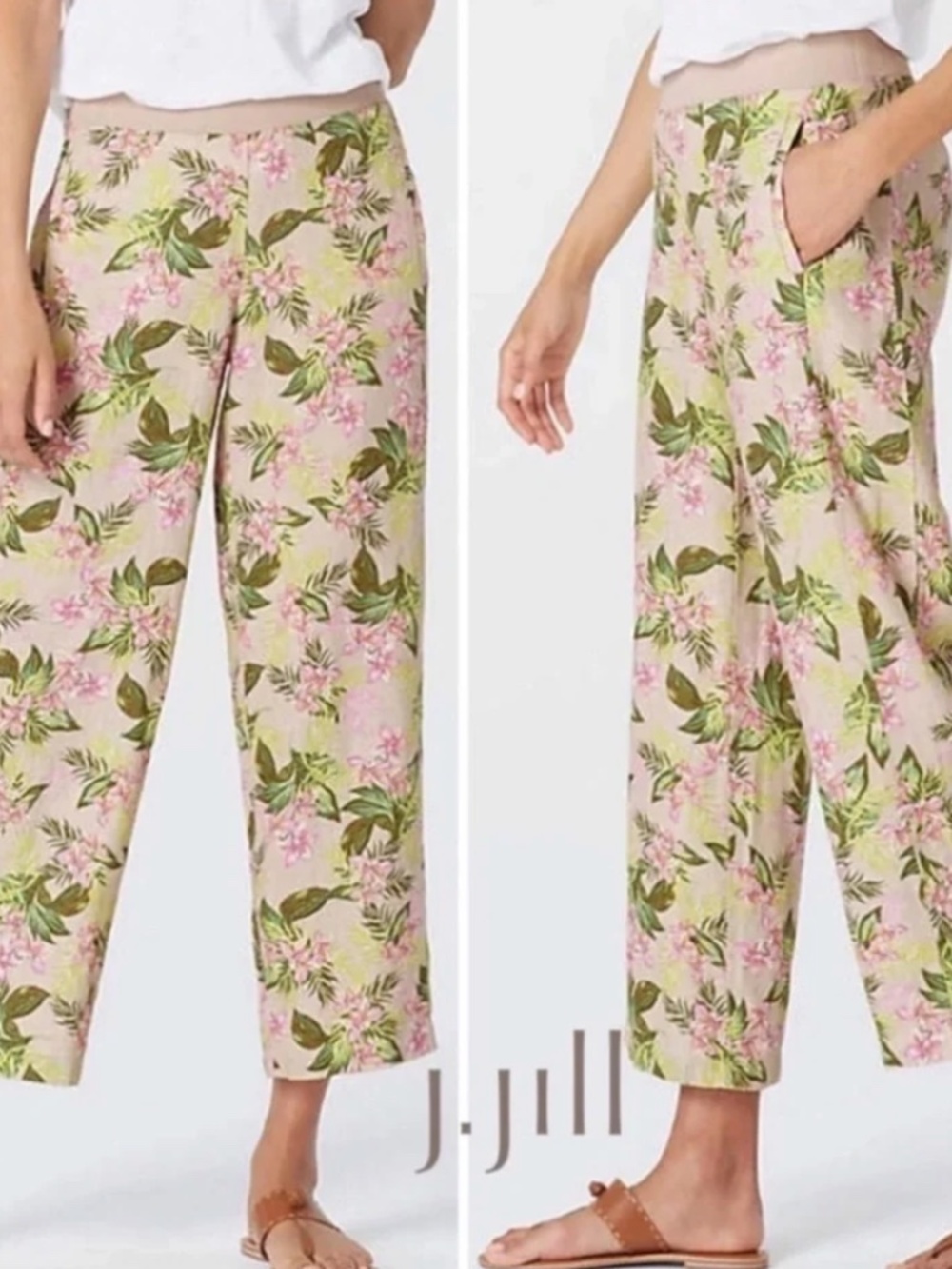 J. Jill Love Linen Wide Leg Crop Pants Large Floral Pull On Beach Resort